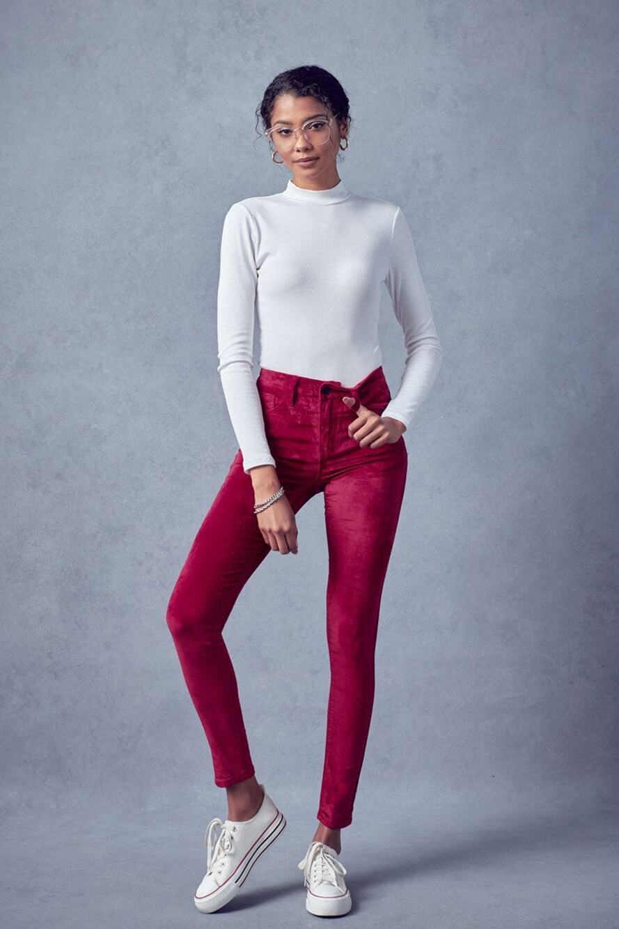 Kancan Skinny Pants 23 0 Red Ginny Mid Rise Velvet Ankle 5-Pocket
